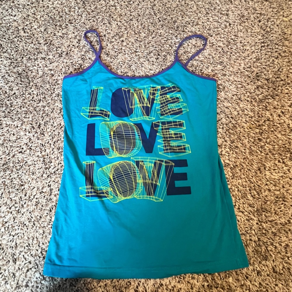 Zumba Women Teal Love Graphic Spaghetti Strap Athletic Workout Cami Tank Top L